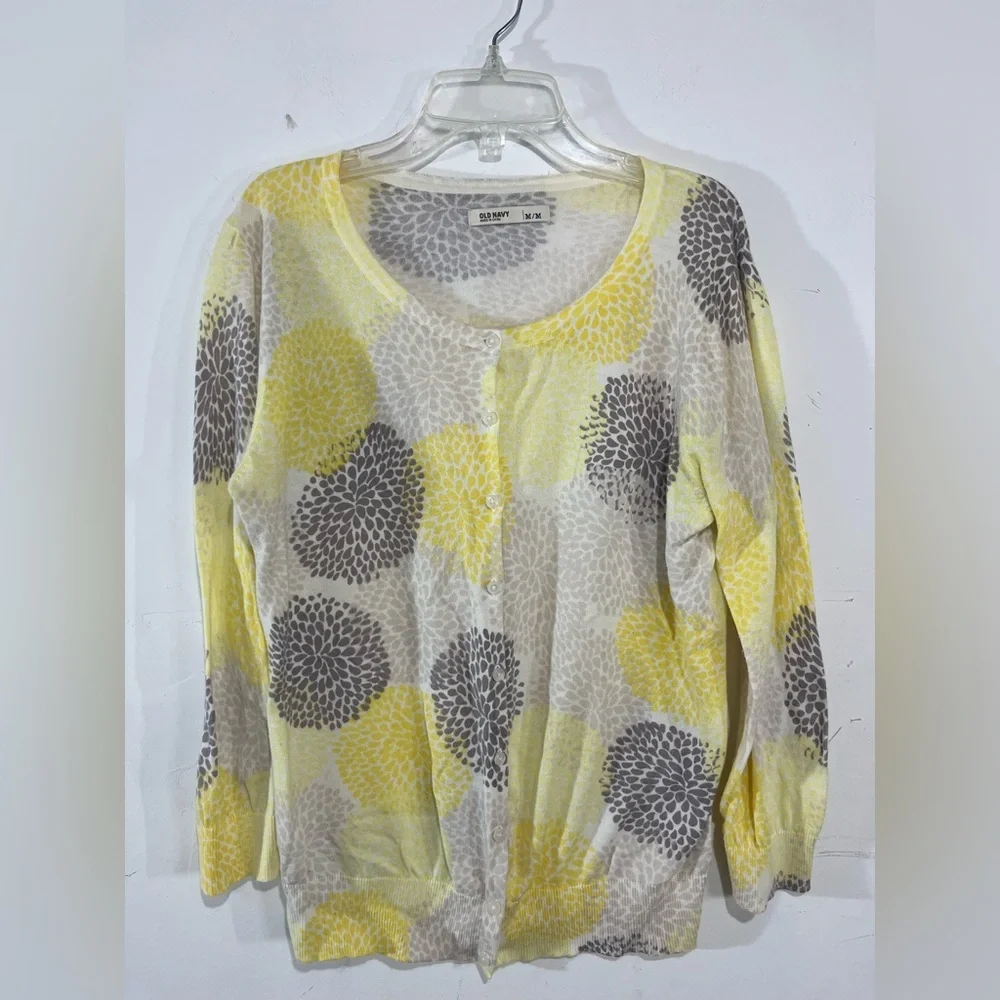 Old Navy Yellow Gray Floral Button Cardigan Lightweight Sweater Size Medium